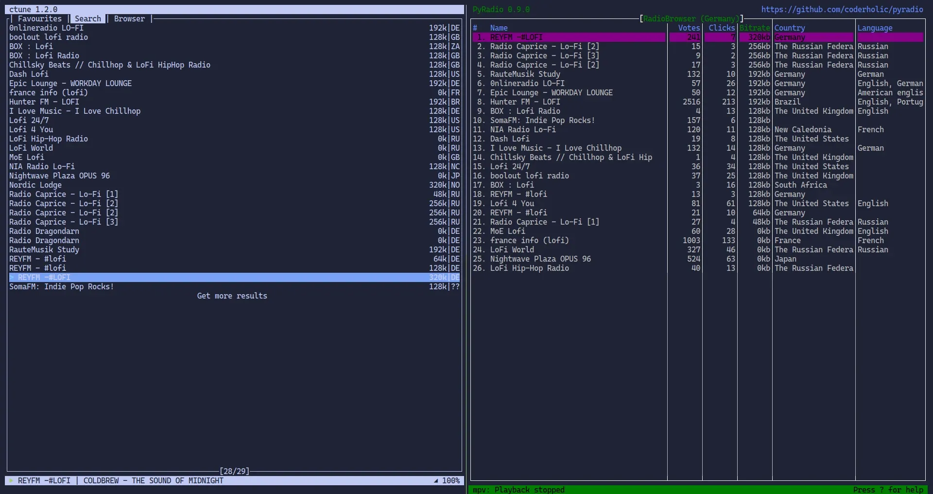 cTune and PyRadio running side-by-side under Tmux